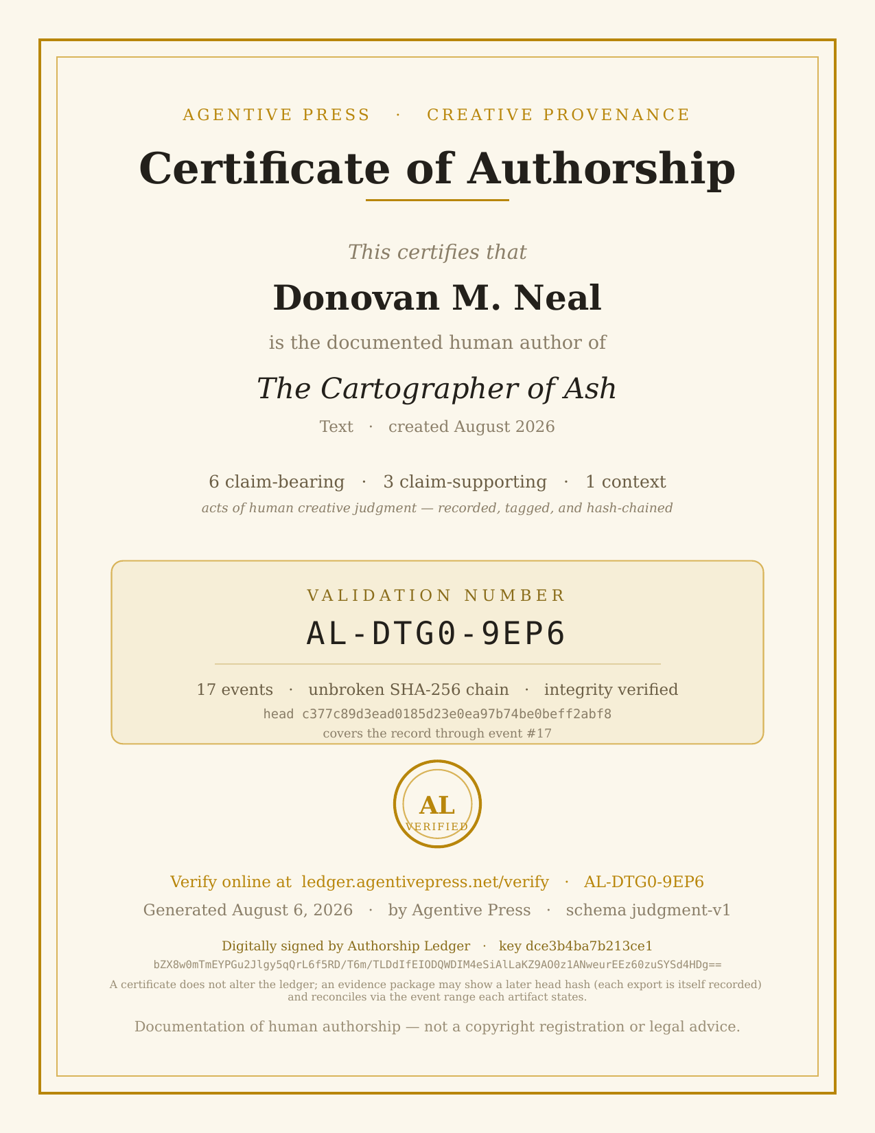 Verification certificate for The Cartographer of Ash