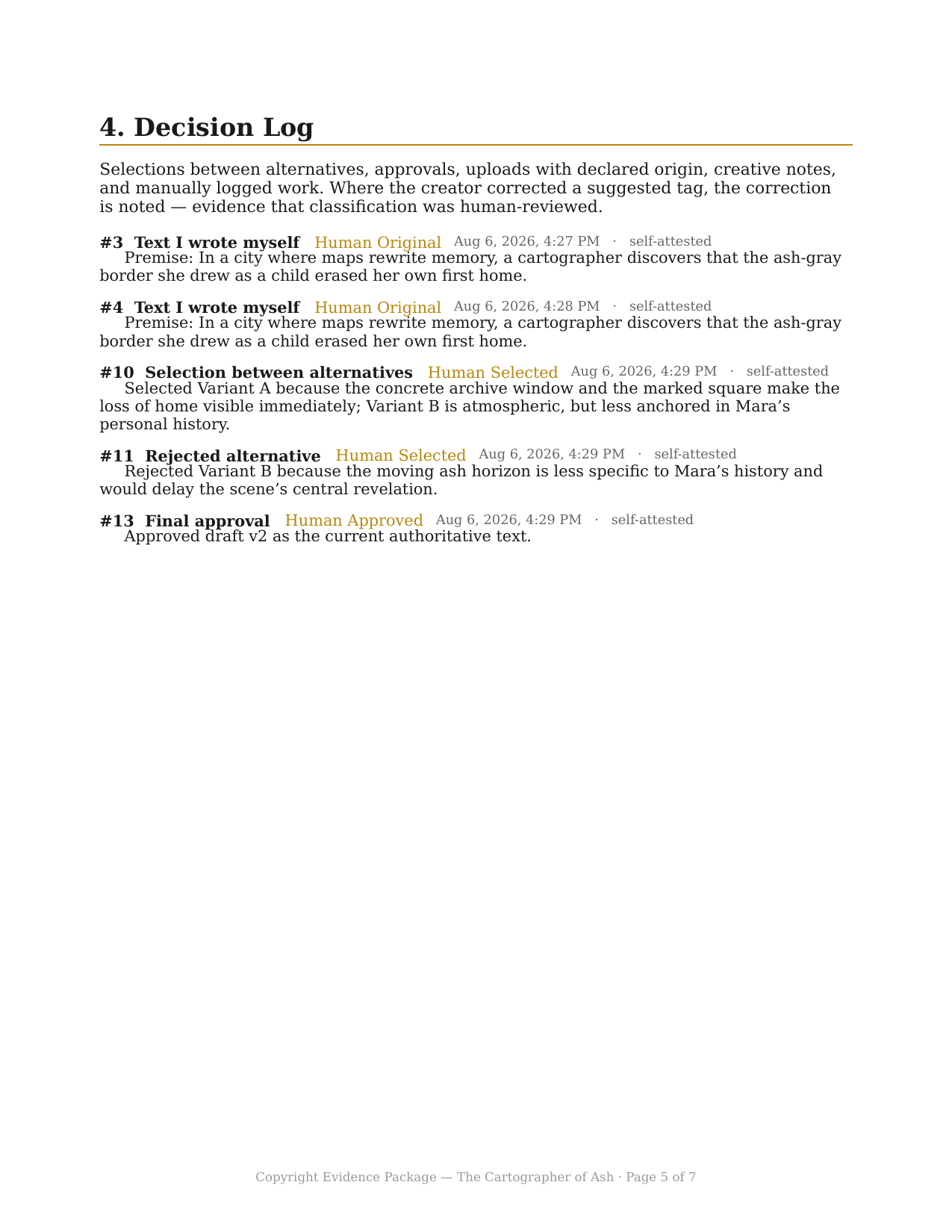Decision log for The Cartographer of Ash