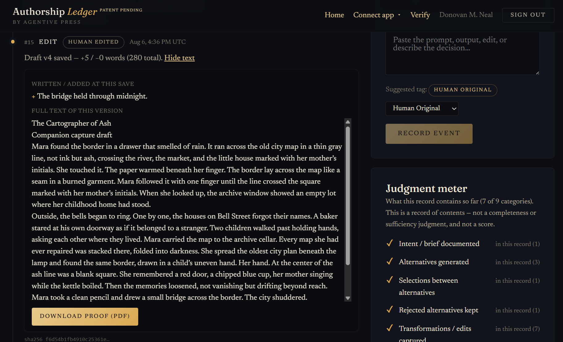 The Authorship Ledger workspace — a captured revision, tag selector, and judgment meter